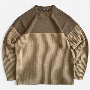 Vintage B.A.Y. Brown Tan Ribbed Color Block Acrylic Knit Crewneck Sweater XL